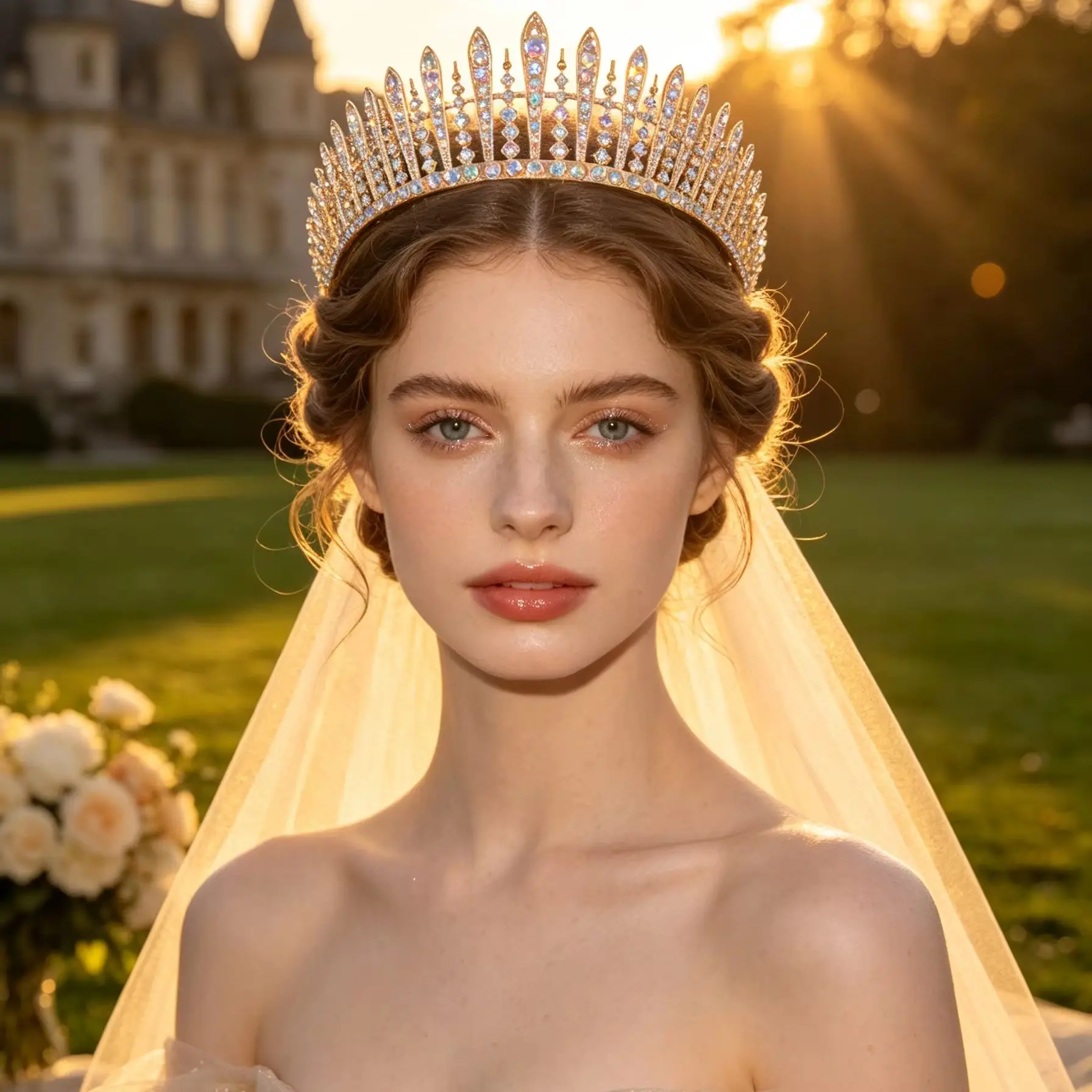 1 Piece of Vintage Elegant Gold Base Iridescent Crystal Crown, Court-Style Rhinestone Pointed Crown, Bohemian Bridal Headpiece