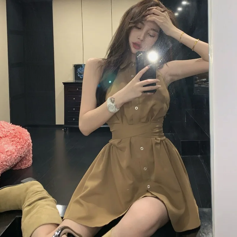 

Elegant Retro Style Polo Collar Short Skirt Atmosphere Sleeveless Waist Skirt Sexy Babes Vest Dress Women's Summer