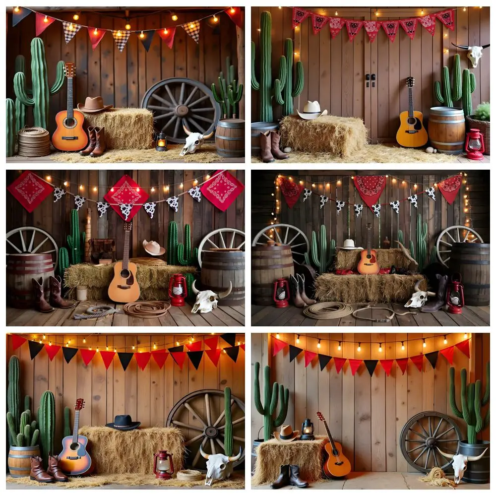 

Western Party Photography Backdrop Cactus Haystack Guitar Boots West Cowboy Birthday Party Photo Background Decor Photostudio