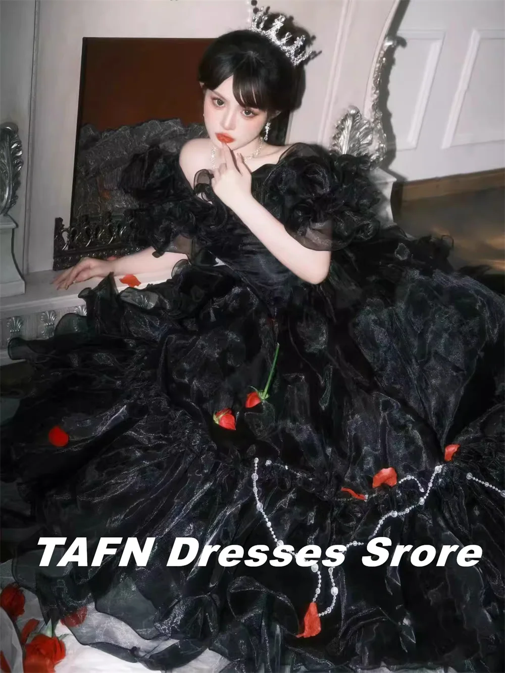 TAFN Black Evening Party Dresses A-line Contoured Sleeves Organza Brithday Ball Gown Girl Art Photo Shoot Dresses パーティードレス