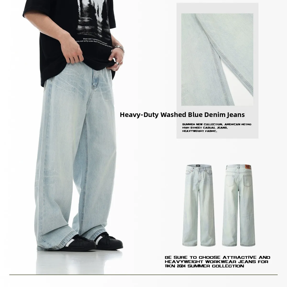 

American Sle Ice Blue Straight Leg Jeans ex Vintage Waed Loose Casual Wide Leg Slimming Long Pants Cotton Denim