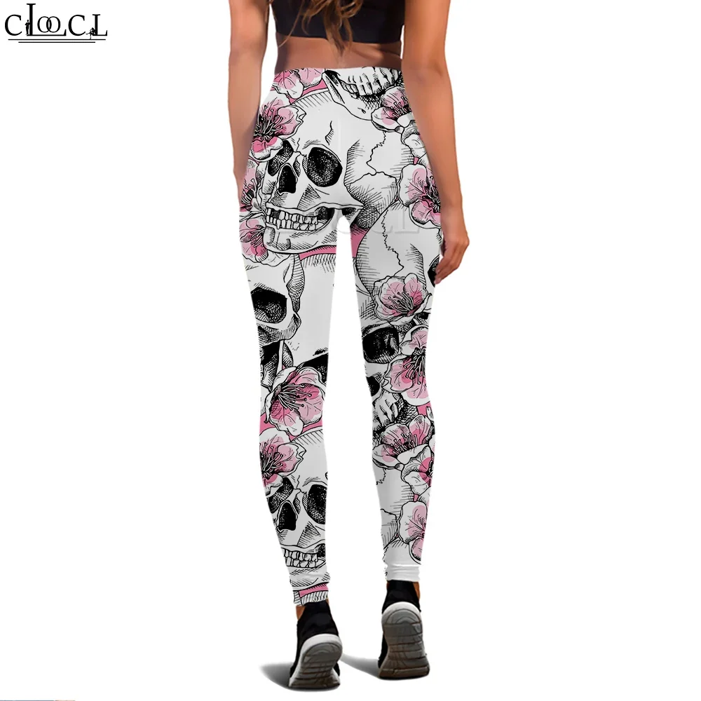 CLOOCL ผู้หญิงเลกกิ้งดอกพีชและกะโหลก 3D พิมพ์กางเกงสำหรับหญิงออกกำลังกายดันขึ้นจ๊อกกิ้งกางเกงเอวสูง