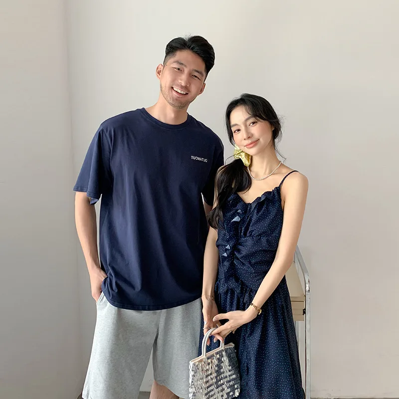 2026 Summer Family Matching Outfits Navy Blue Polka Dot Cami Midi Dress & T-Shirt Set For Mom Dad Kids Beach Vacation Wear 6