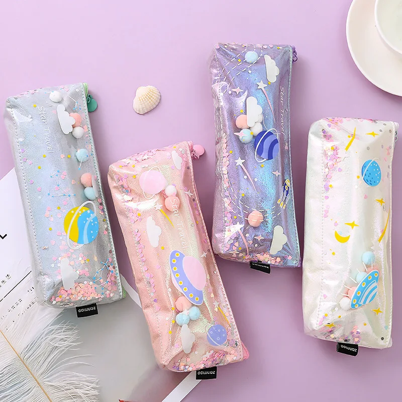 CHEN LIN 1Pcs Creative Planet Quicksand Pencil Case For Girls Large Capacity Starry Sky Laser Pen Bag Waterproof Stationery Bag