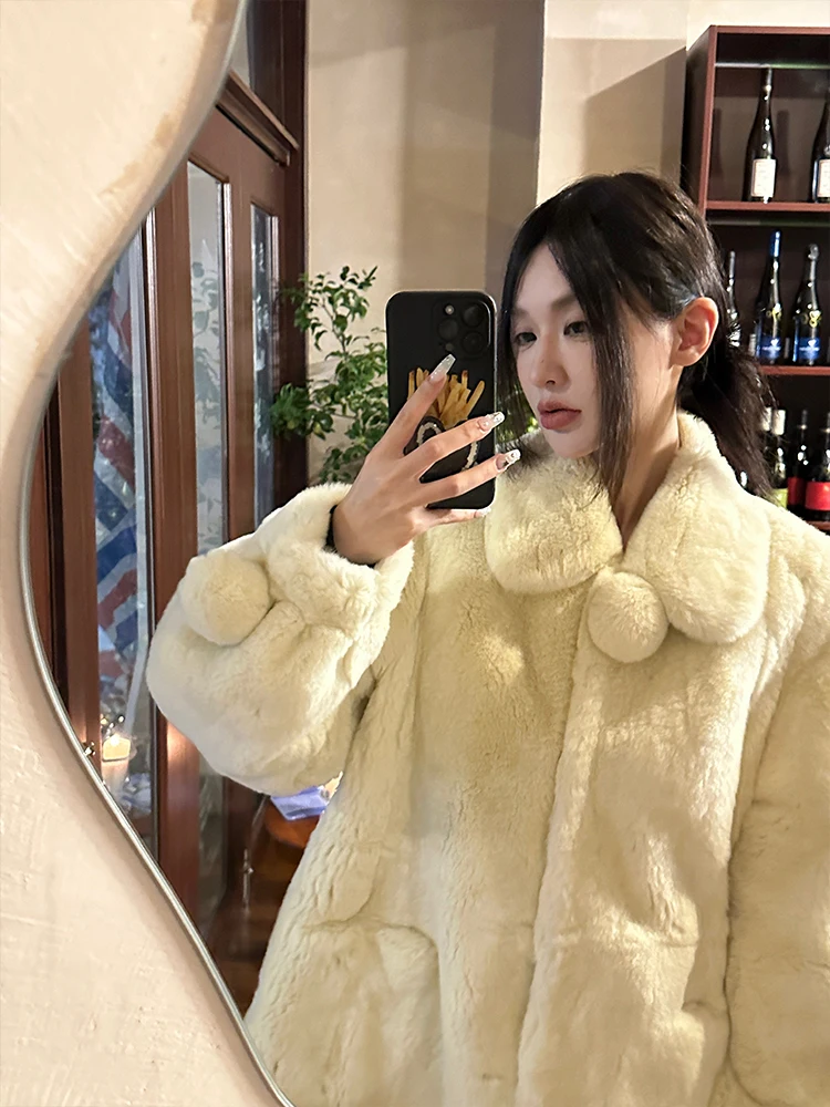 Fur Long Sleeve Coat Women's Square Collar Mid-Length Rabbit Fur With Pockets Fashion Trend Loose Version Commuter Thick Winter