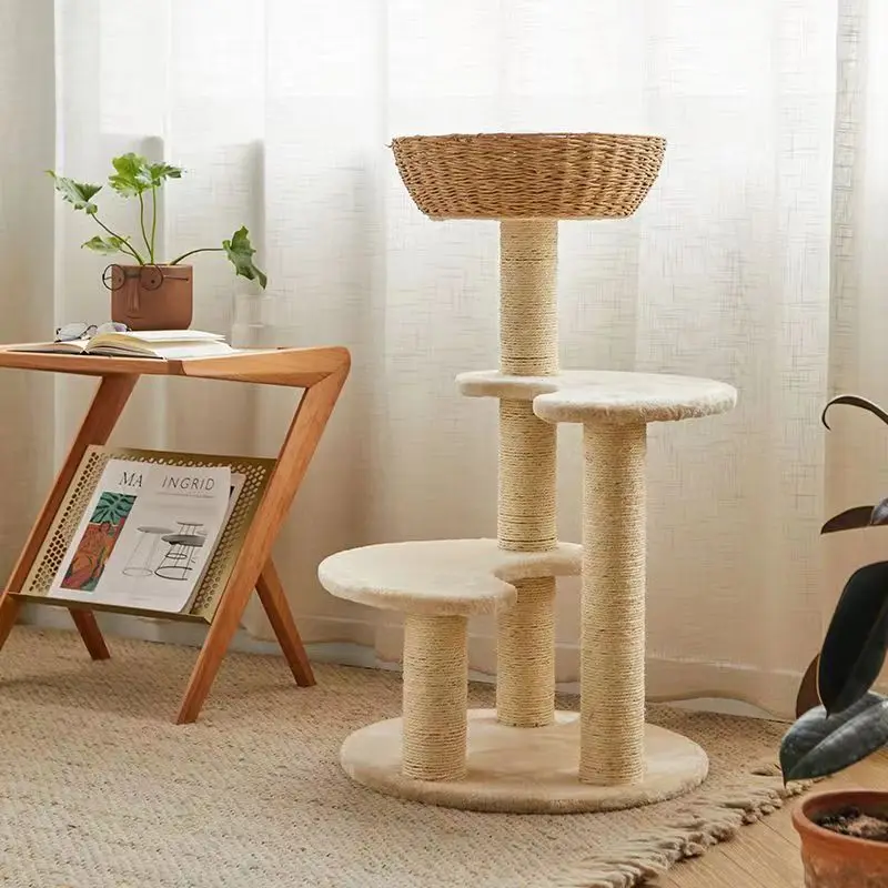 Three-Tier Cat Tree with Sisal Scratching Posts Cat Bed and Toys for Cats Compact Japanese Style Hemp Rope Design