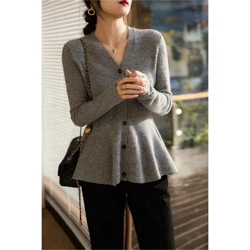 

Autumn Winter New French Style With Lines Outlining Fashionable Structure Lotus Leaf Arrangement Knitted Cardigan Sweater JJ41
