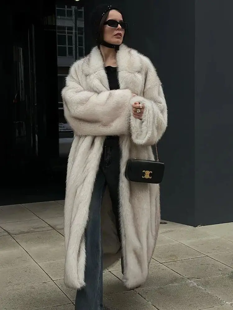 Warm Long Faux Fur Coat with Large Collar for Women Autumn Winter Outerwear Ele Chic Chinese Brandl Whole Skin Leather