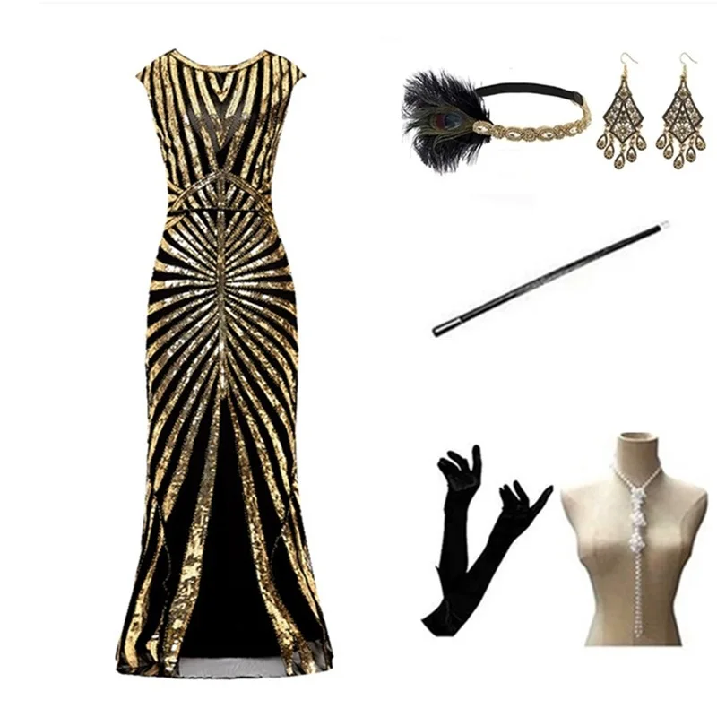 

Medieval Retro 1920S Style Sequined Fishtail Dress Feather Headband Earring Cane Gloves Necklace Set Party Role Playing