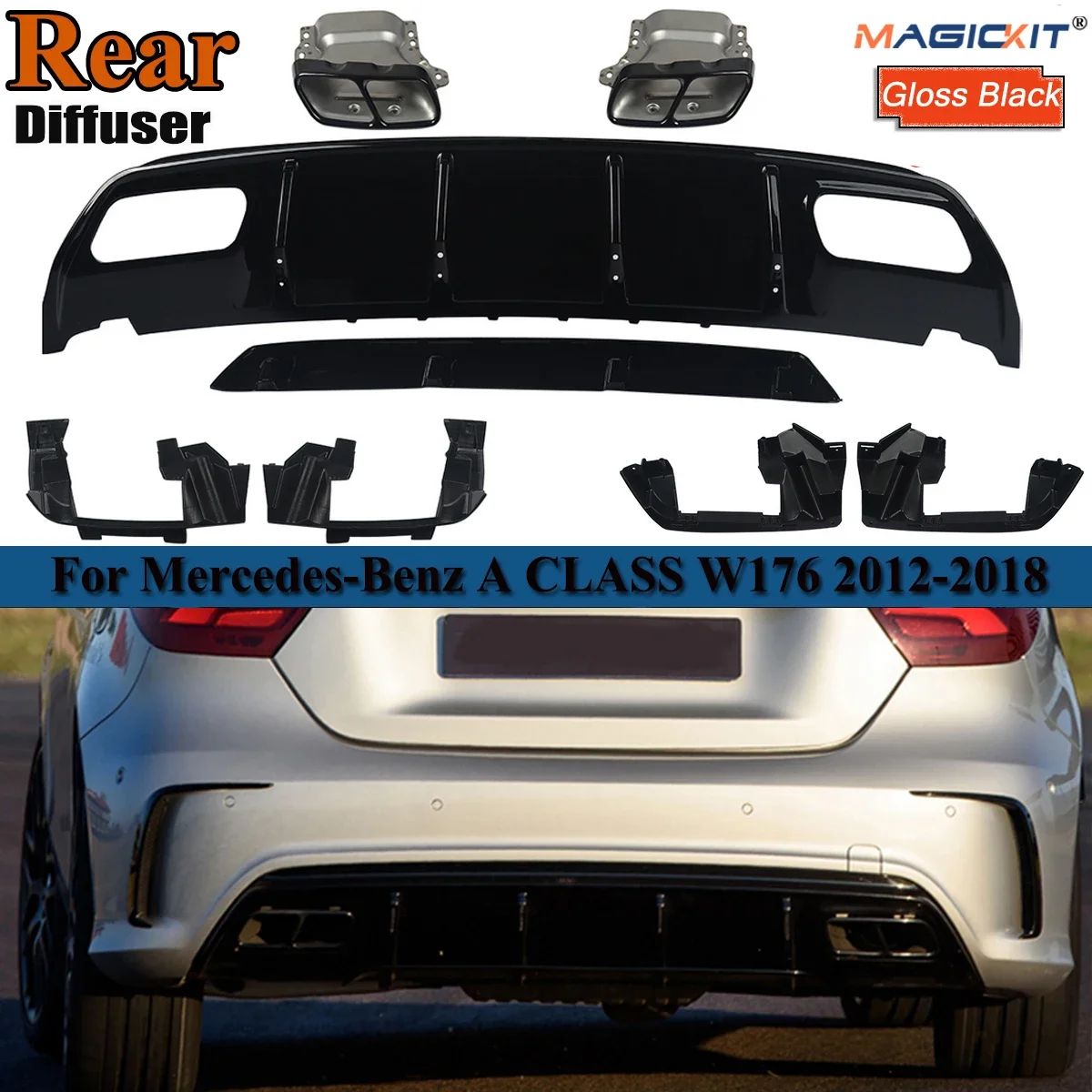 For Mercedes Benz W176 A45 AMG A180 A200  A Class Hatchback Rear Bumper Diffuser Lip Spoiler with Exhaust Tips for Mercedes Benz