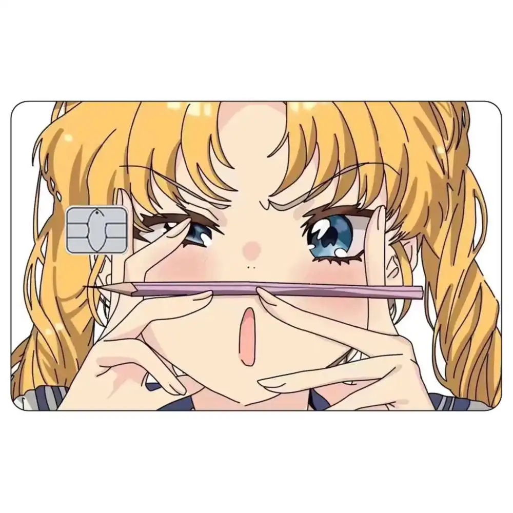 Stiker Kulit Kartu Kredit Bank Kartun Anime Lucu Tsukino Usagi Casing Penutup Stiker Kulit Film Pelindung Kartu Metro Berperekat