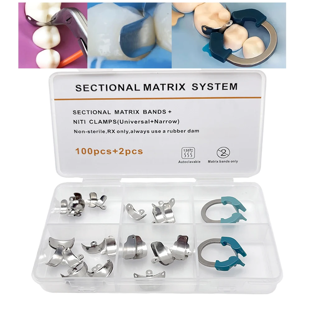 Dental Contoured Metal Matrices Set, 102Pcs Nickel Titanium Matrix Band Clamps for Tooth Restoration