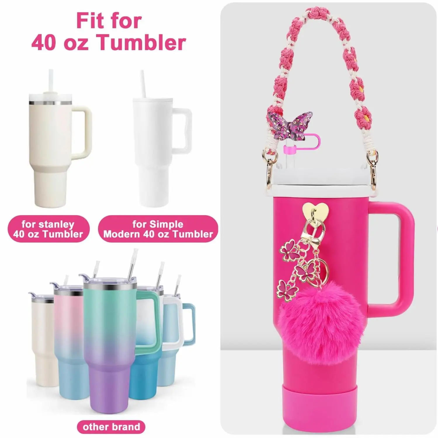 For Stanley Handle Butterfly Straw Topper with Brush And Pom-Pom Keychain Sleeve - New Arrival
