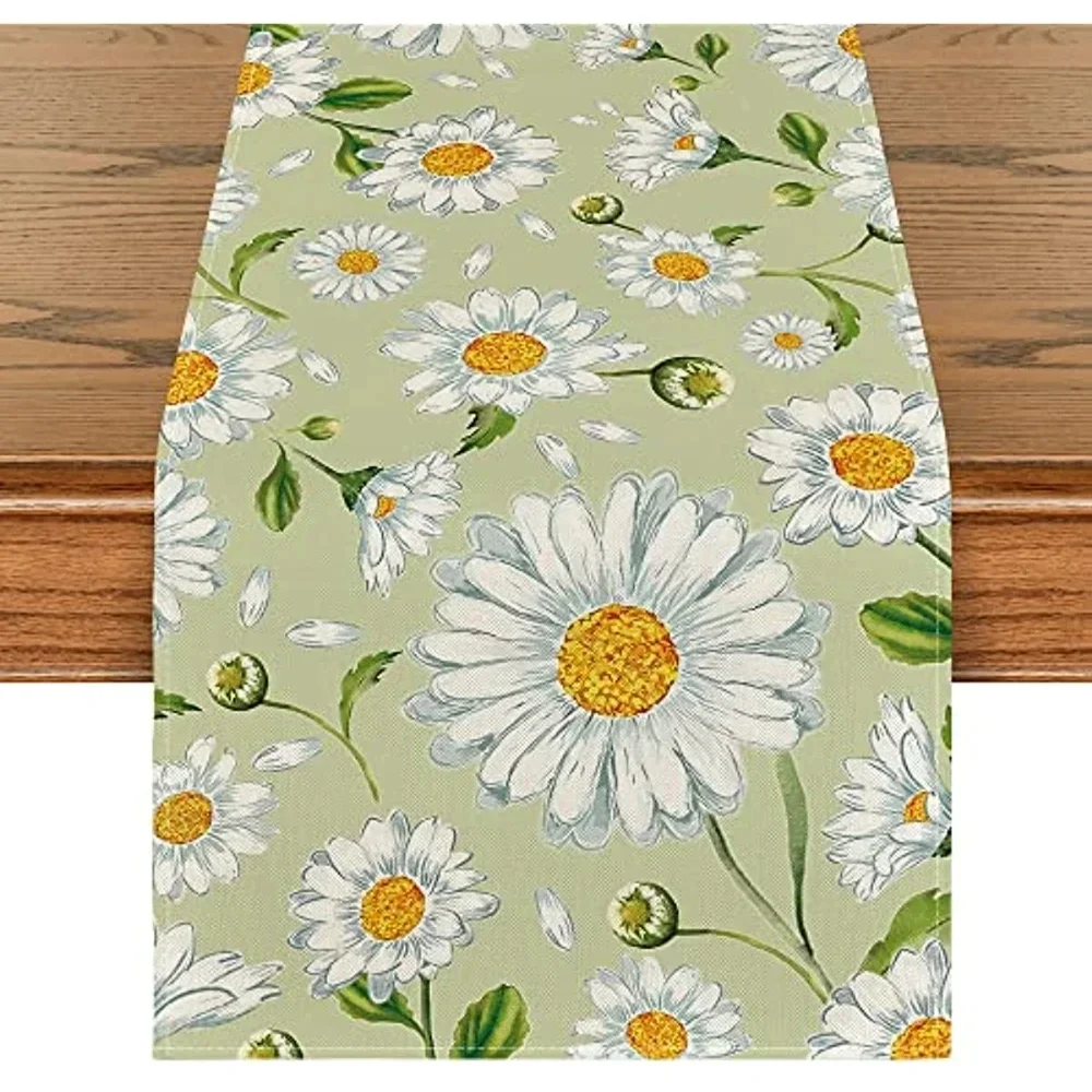 

Green Daisy Flowers Spring Table Runners Seasonal Summer Holiday Wedding Party Decor Washable Kitchen Dining Table Decor