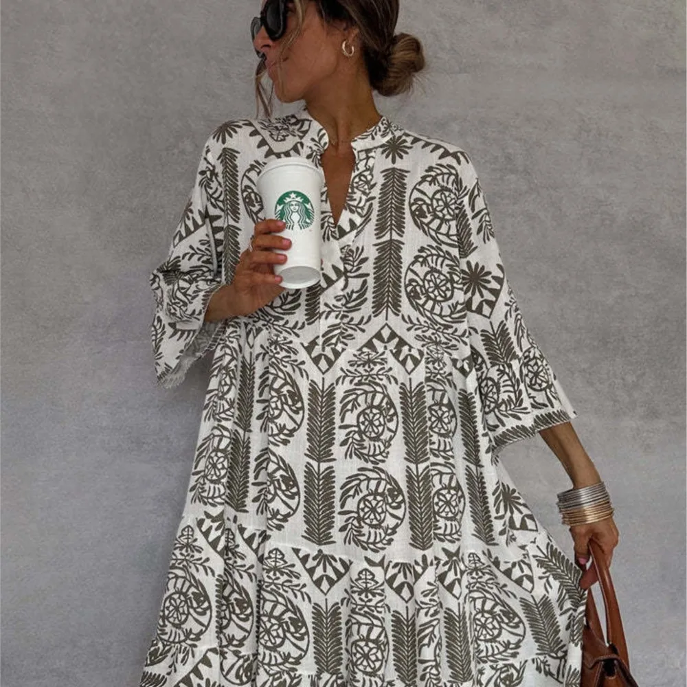 2025 Abito da donna con scollo a V Boho con stampa Abito camicia a trapezio Patchwork Manica a 3/4 Casual Vacanza al mare Abiti con gonna al ginocchio