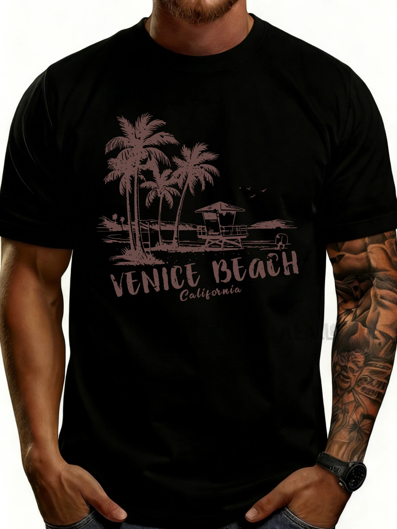 Men's Graphic T-Shirt - Breathable, Soft, Lightweight - California Venice Beach Palm Tree Lifeguard Tower - Vintage Fun Graphic Casual Short Sleeve Summer Top, Gift for Him