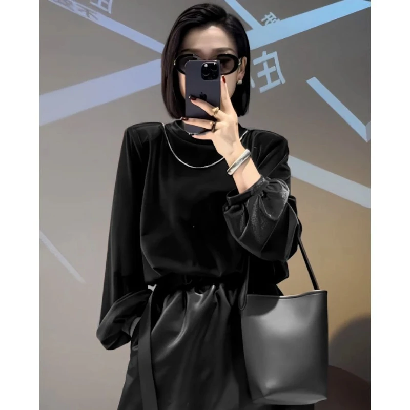 Vintage Long Sleeve Solid Loose Simplicity Gold Velvet Tops Spring Autumn All-match Casual T Shirts Elegant Office Women Clothes