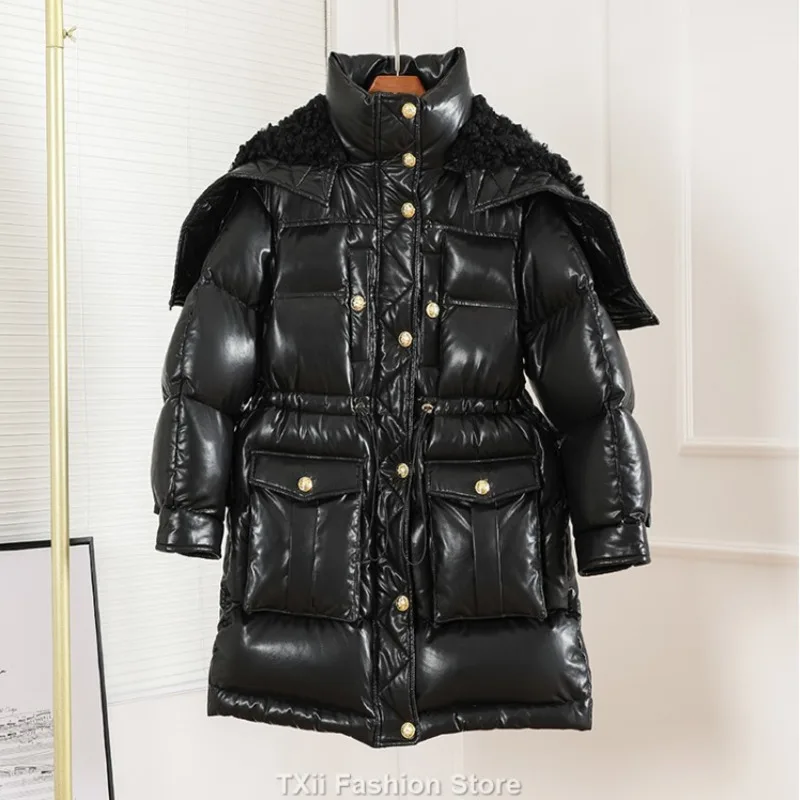 Ttxii-casacos de couro PU para mulheres, mais grosso quente, pele de lã de ovelha, puffer parkas com capuz, qualidade superior, moda inverno