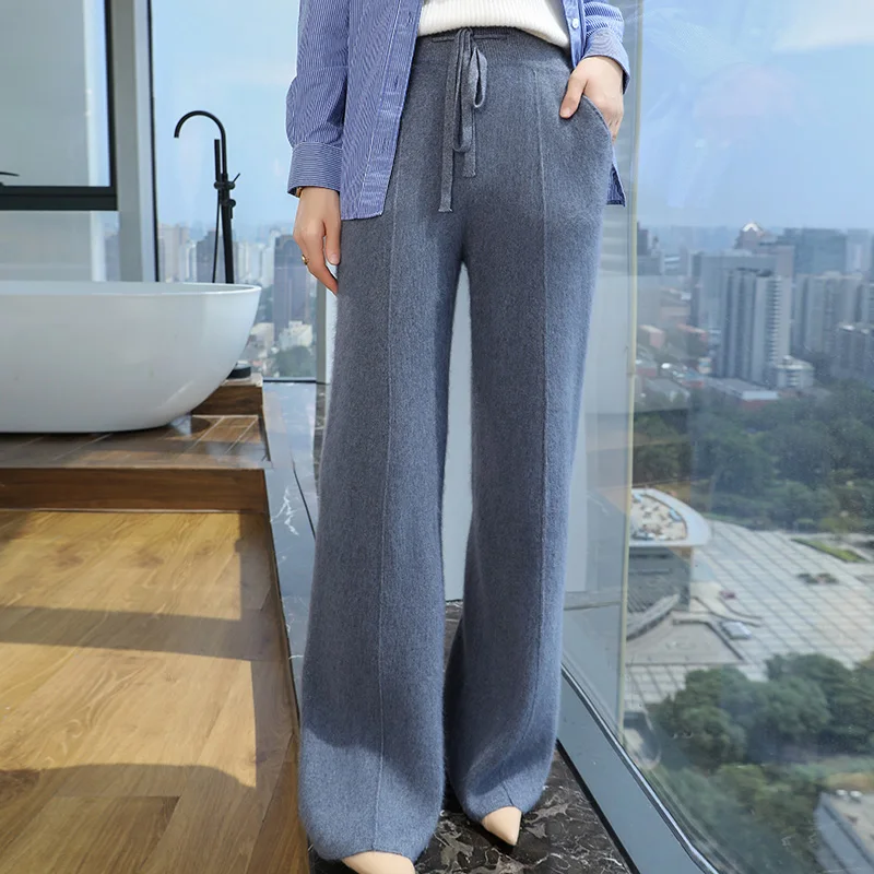 

100% Pure Mink Cashmere Knit Wide-Leg Pants Ladies Thick Autumn Straight Pants Casual Elastic Waist Trousers Loose Mopping pants