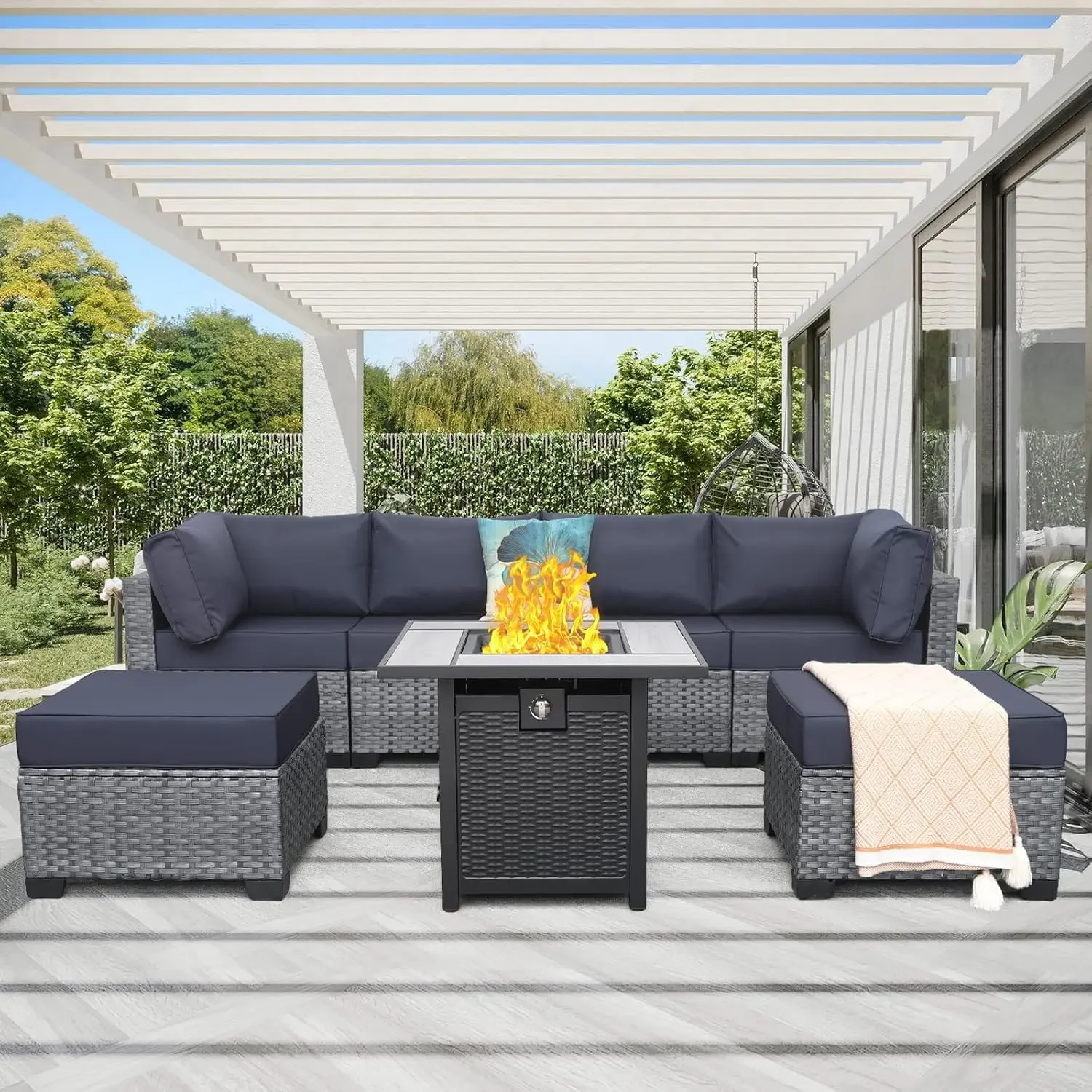 Patio Furniture Set 7 Pieces Gray Rattan Outdoor Sectional Sofa PE Wicker Conversation Couch Sets with Propane Fire Pit Table