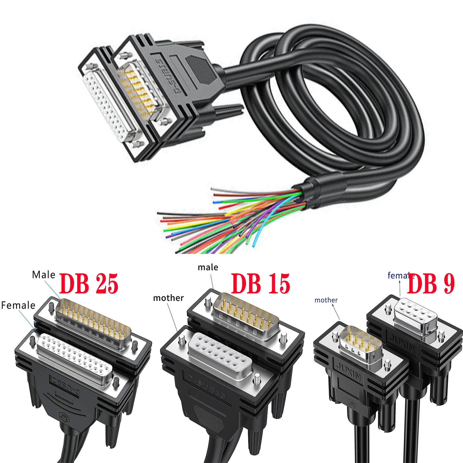 DB15&DB9&DB25 male&Female to Bare Wire with Cable Marker  D-SUB 15-Pin Connector to Bare Wires End Open Cable