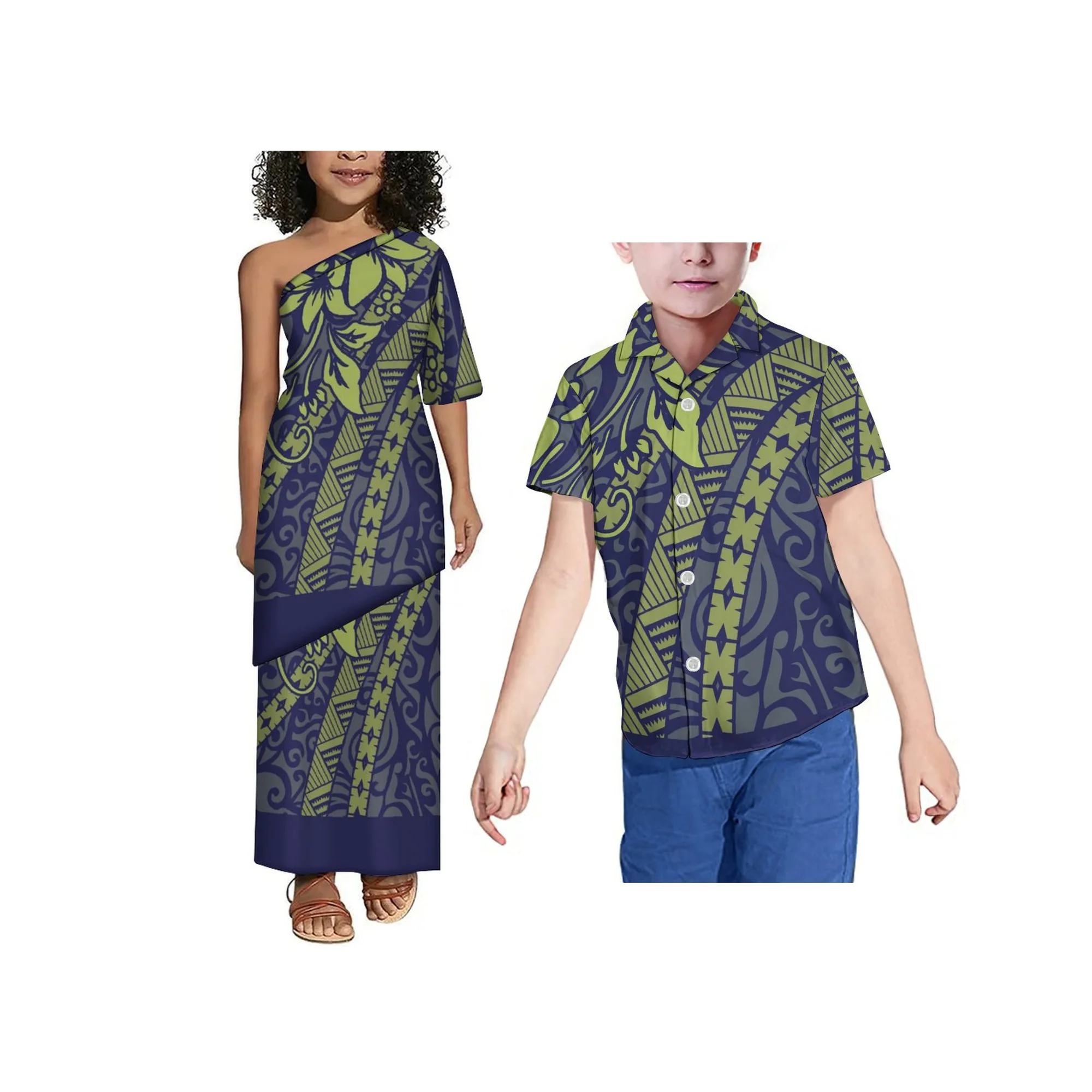 Nowy samoański wzór Polinezyjski nadruk na ramiączkach Sukienka dziecięca Puletasi Niestandardowe sukienki dla dziewczynek Top i spódnice Dwuczęściowy zestaw 2szt.