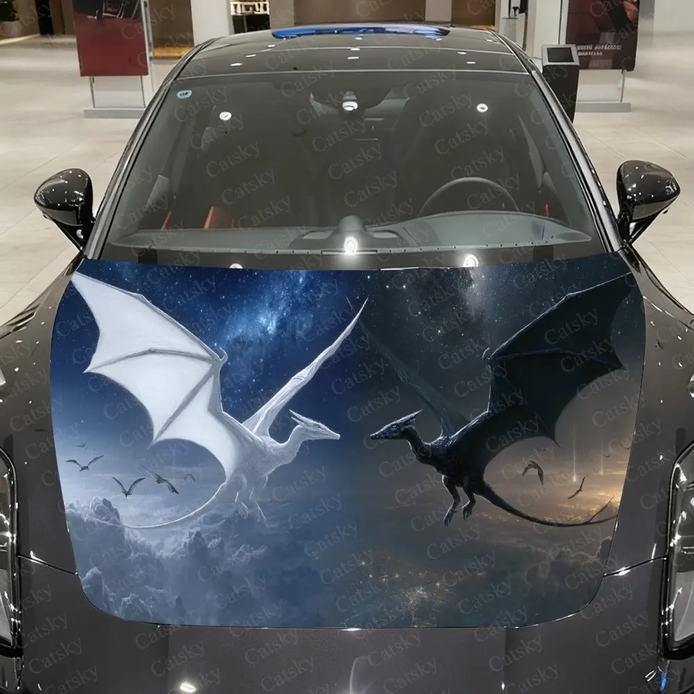 

Виниловая пленка для автомобиля Galaxy Black & White Winged Dragons, водонепроницаемая наклейка на капот автомобиля из ПВХ, самоклеящиеся устойчивые к царапинам наклейки