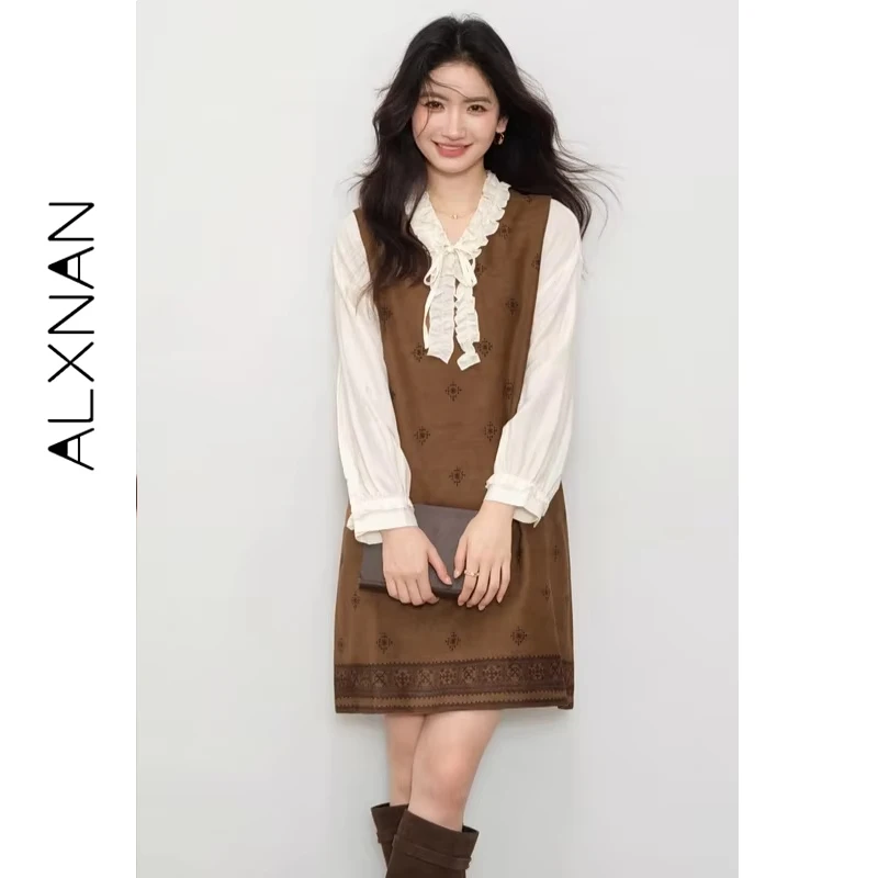 ALXNAN 여성 셔츠 러플 브이넥 타이 버튼 가을 공식 블라우스 2025 다용도 출퇴근용 여성 긴팔 탑 L57175