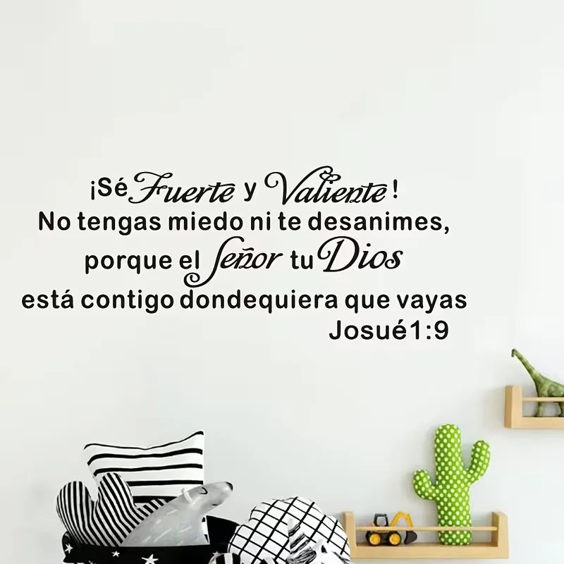 Autocollant mural avec verset biblique chrétien espagnol du Livre de Josué, chapitre 19 : « Soyez forts et courageux.» Parfait pour la décoration