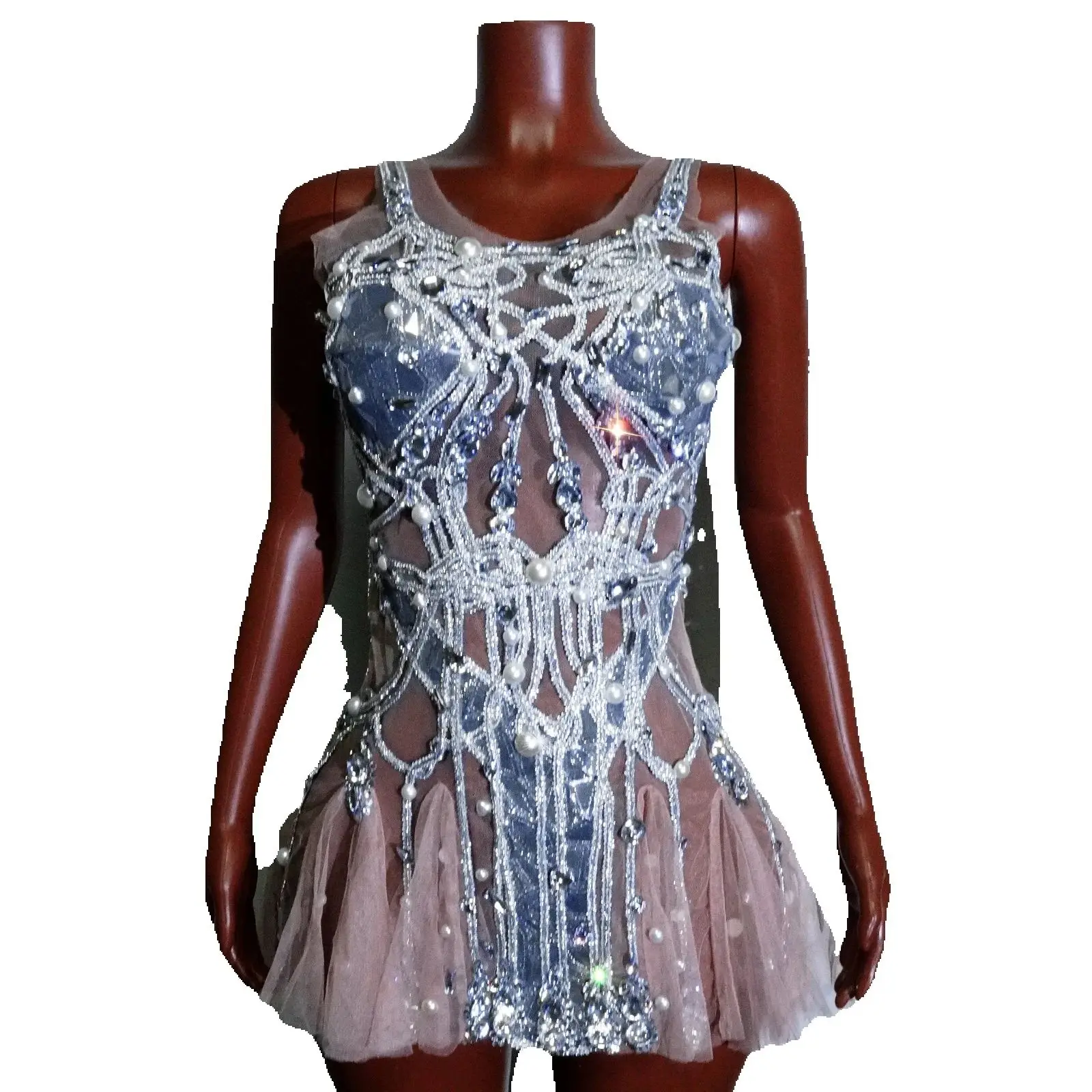 

Sexy Mesh See Through Crystal Sequin Short Dress Pearl Birthday Party Nightclub Pole Dance Clothing Performance Drag Queen Stage