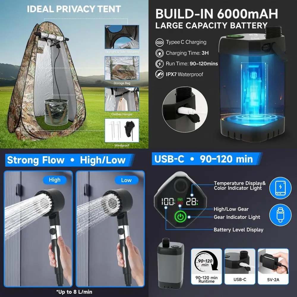 

Портативный набор для кемпингового душа: складное ведро 6,6 галлонов, нагреватель 1500 Вт, перезаряжаемый насос, цифровой дисплей