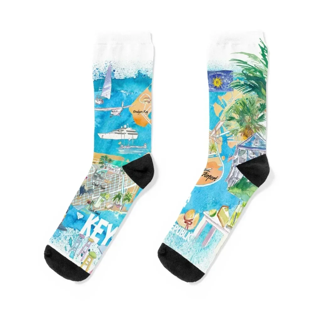 Key West Florida Illustrated Travel Map with Roads and Highlights Socks snow golf Run football Socks For Women Men's