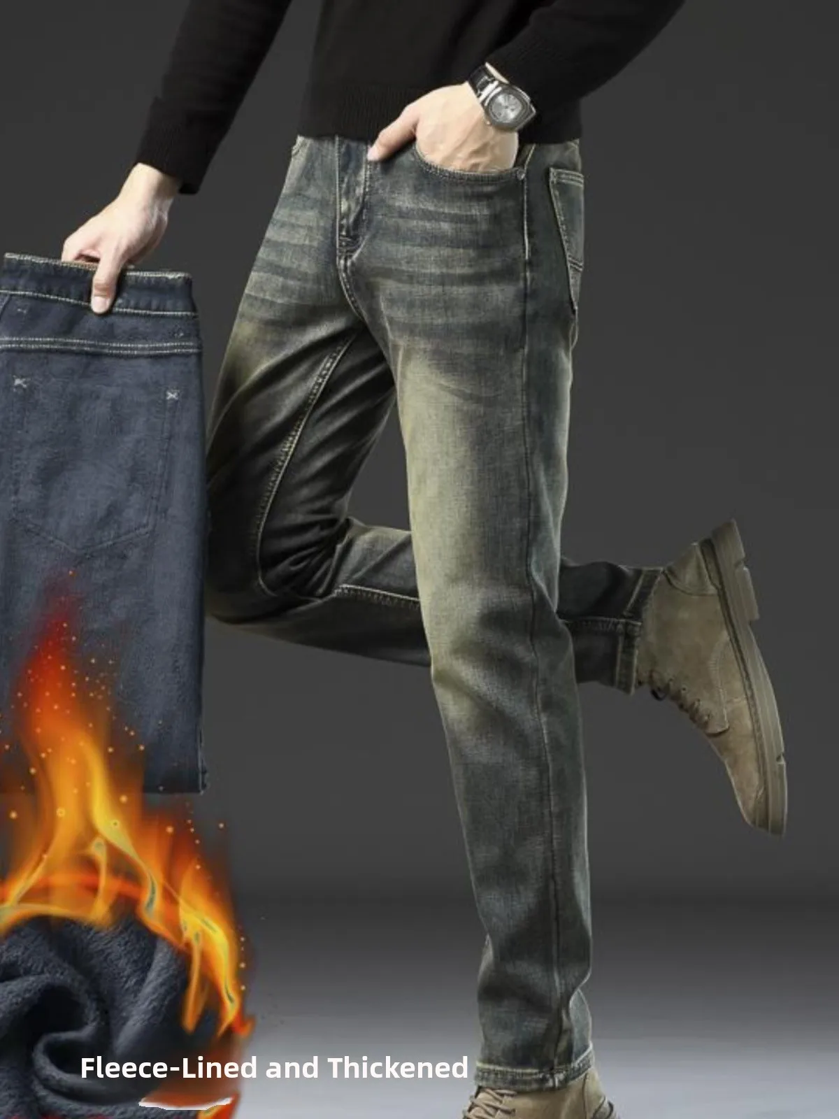 

High-End Vintage Waed Fce Lined Thi Jeans Men's Autumn Winter Slim Straight Casual Versatile Long Pants Cotton Stretch...