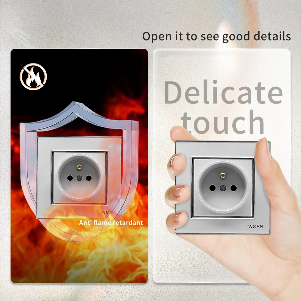 منافذ كهربائية بيضاء مآخذ الطاقة لوحة أكريليك مدمجة على الحائط مثبطات اللهب معيار فرنسا مع طلاء أرضي من البلاستيك #4