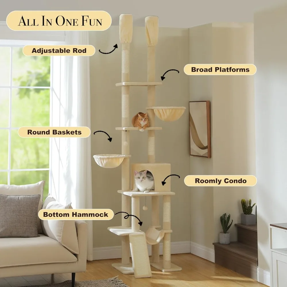

Floor to Ceiling Cat Tree Height (85-112 Inches) Adjustable, Tall Cat Tower 7 Tiers Activity Climbing Tower, Large Cat Tree.