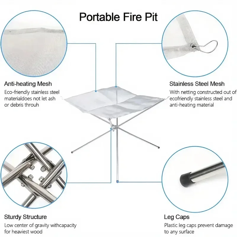 

Складная портативная костра для кемпинга со стальной сеткой, уличная стойка для дровяных костра, костра из нержавеющей стали с сумкой для переноски