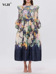 VGH Colorblock Floral Printing Vintage Dresses For Women Round Neck Long Sleeve High Waist Elegant Dress Female Fashion Style