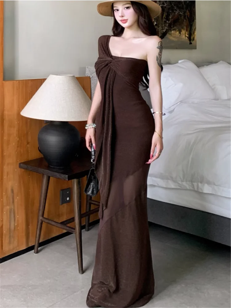 Robe longue moulante rétro café, épaules dénudées, Sexy, paillettes, maille transparente, Patchwork, crayon, robe de soirée, nouvelle collection été