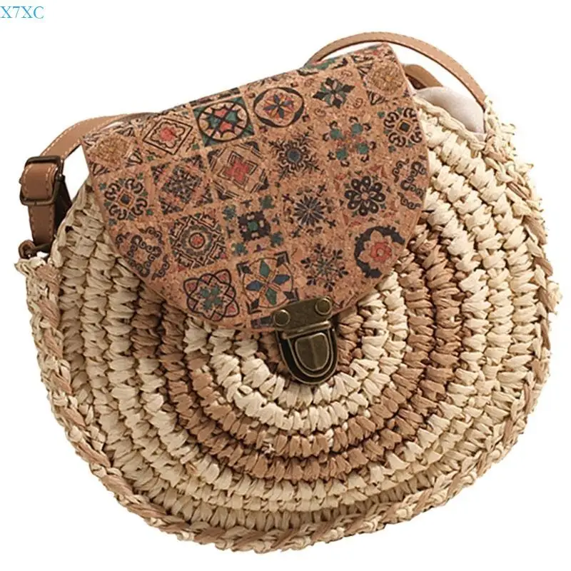 

X7XC Straw Beach Bag for Women Summer Shoulder Bag Handbag Small Round Bag Crossbody Bag Fashionable Bag