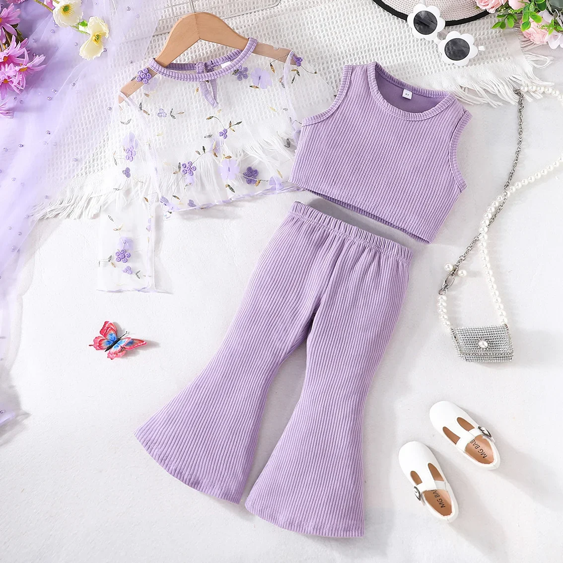 Autumn Mesh Flower Jacket Purple Striped Vest Solid Color Trousers Three-piece Girl Clothes Set Children's Clothes 4-7Y