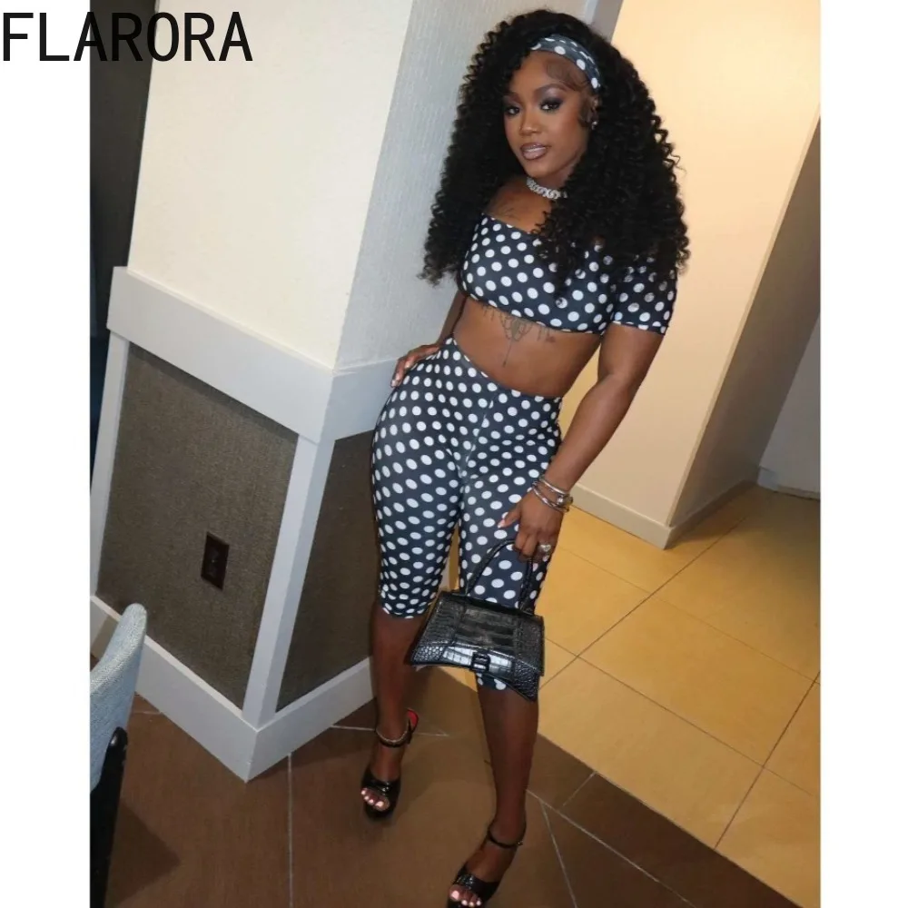 

FLARORA Sexy Polka Dot Print 2 Piece Sets Woman Trend Slash Neck Crop Tank Tops And Skinny Shorts Suits Hottie Y2K streetwear