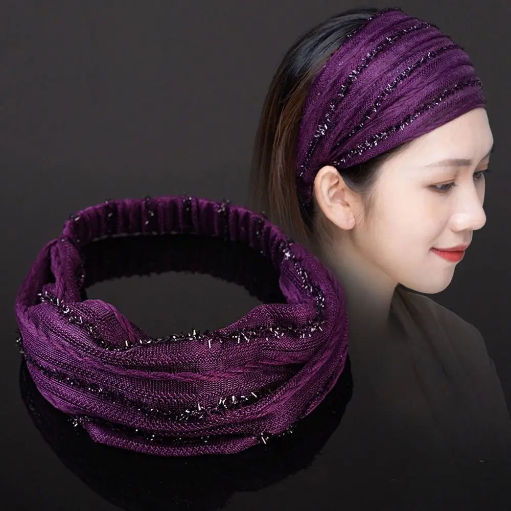 the White Hair Sequin Shiny Cloth Mother Hair Hoop Shiny Stripe Women Headband Wide Hair Band Mesh Hairbands Korean Headwear