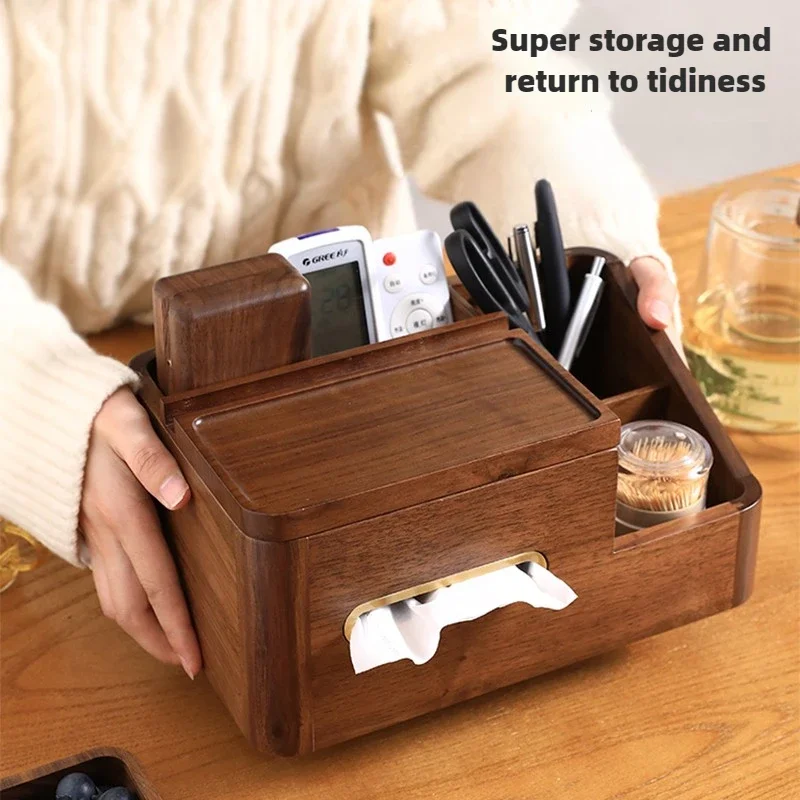 Tea Table Storage Box High-End Black Walnut Tissue Box New Chinese Style Multi-Functional Organizer for Living Room