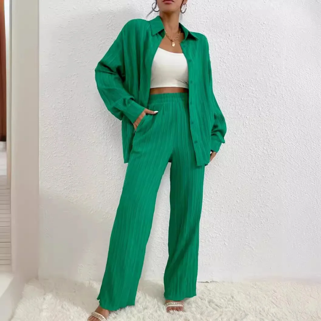 Loose Loungewear Women 2 Piece Outfits Slit Hem Longline Long Sleeve Button Down Wide Leg Pants Set Pajamas for Women Pjs