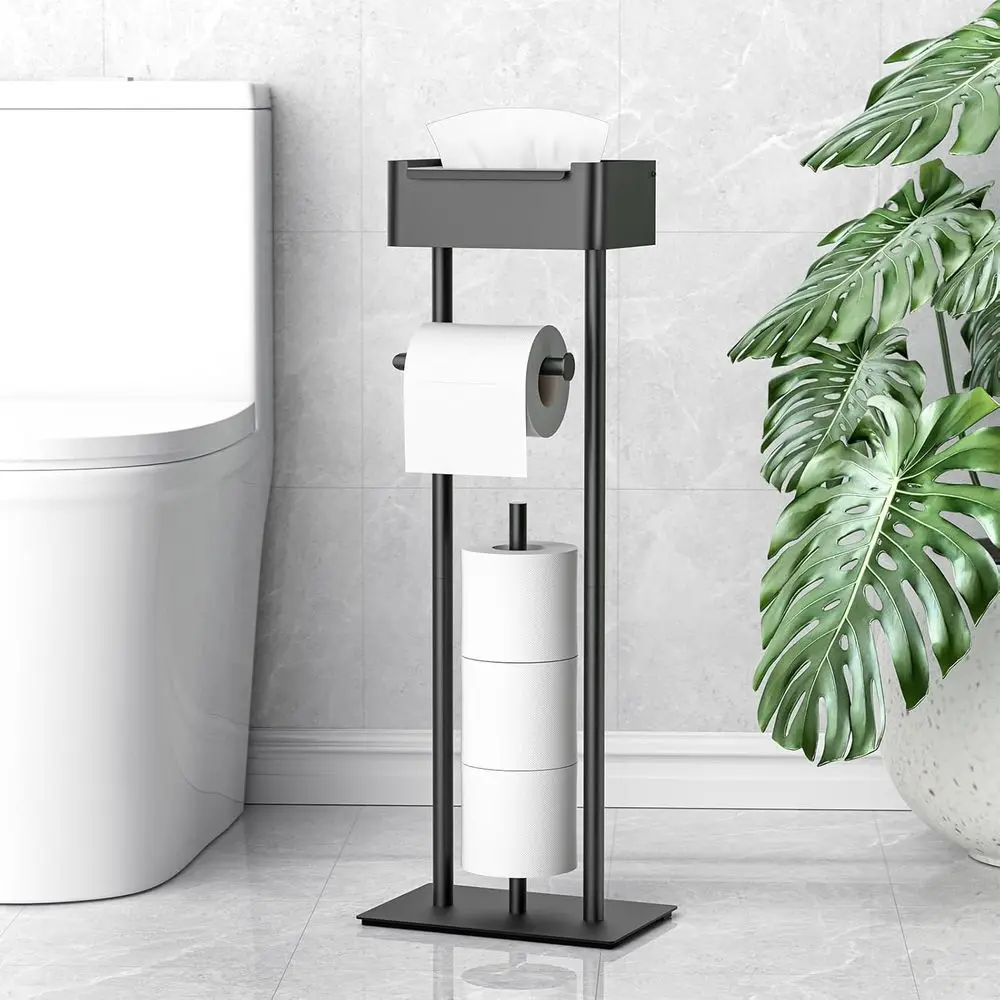 

Toilet Paper Stand with Shel - Storage for 4 Rolls - Bathroom Organizers, No Drill, Large Rolls, 29.7 inch*12.6 inch (Matte Blac