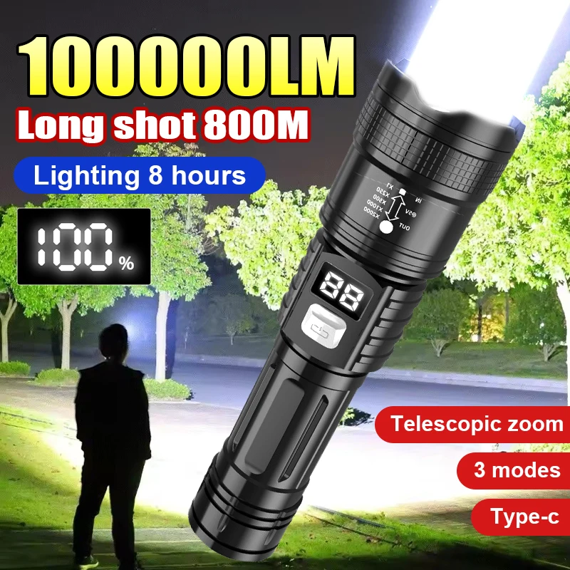 Powerful LED Flashlight High Power Tactical Light Power Display USB Rechargeable Light Telescopic Zoom Torch Camping Lantern