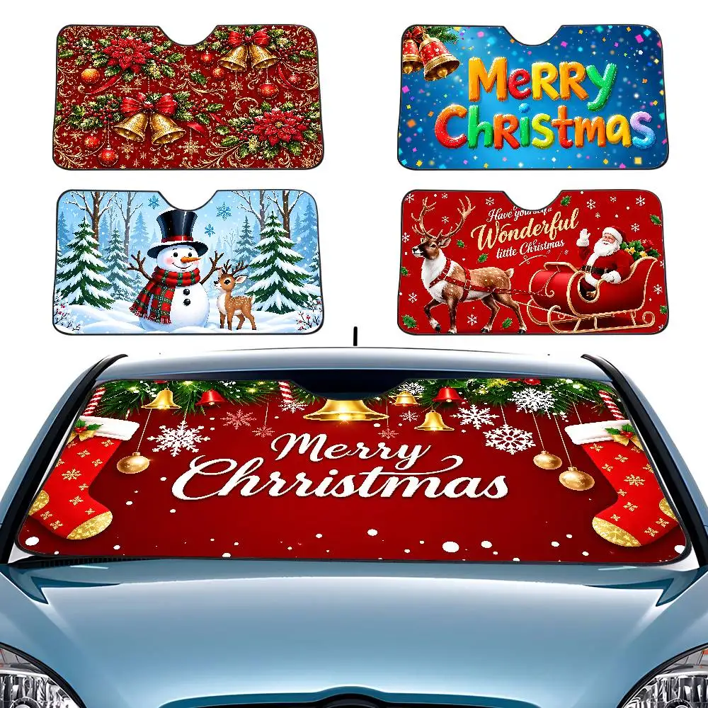 Christmas Bells And Ornaments Car SunShade Windscreen Front Window Visor 70x130cm Sun Visor Solar Protect Plaid Gift Novelty Car