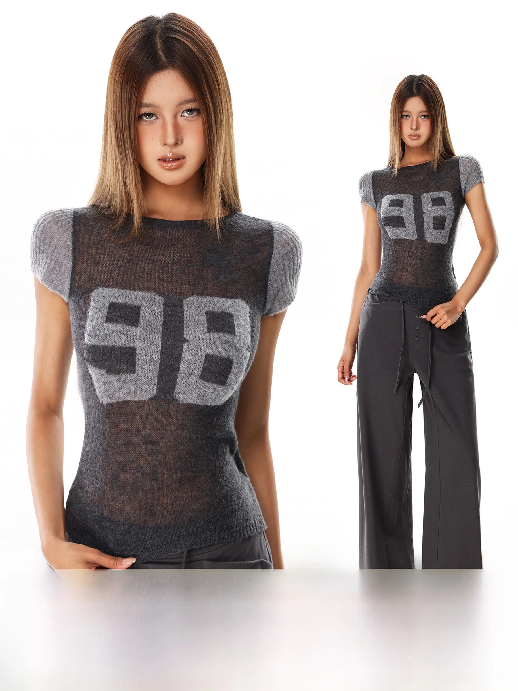 

American Sle ort Sve T-irt Women's Slim Fit See tough Print Contrast Color Summer Vintage Sexy Top IYUE