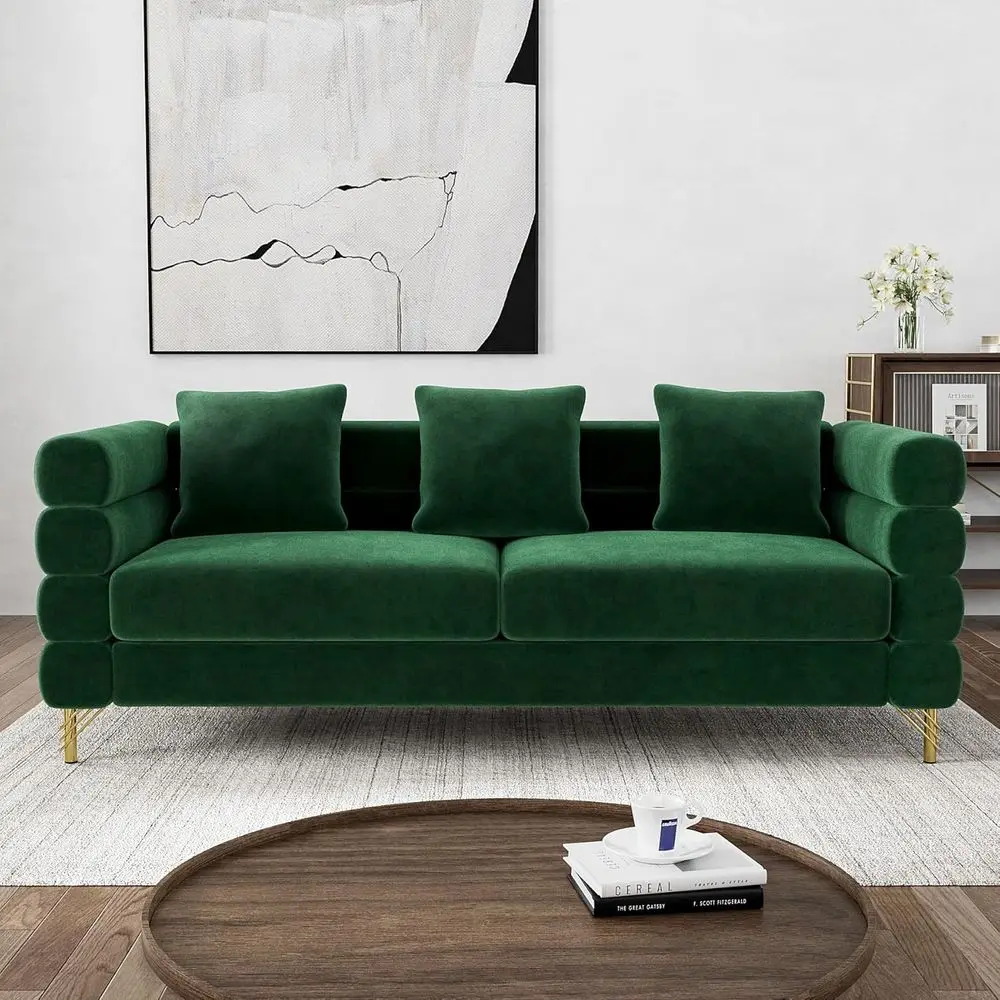 

79 Deep Seated Velvet 3-Seater Sofa with 3 Pillows, Plush Emerald Green Upholstery for Living Room or Bedroom