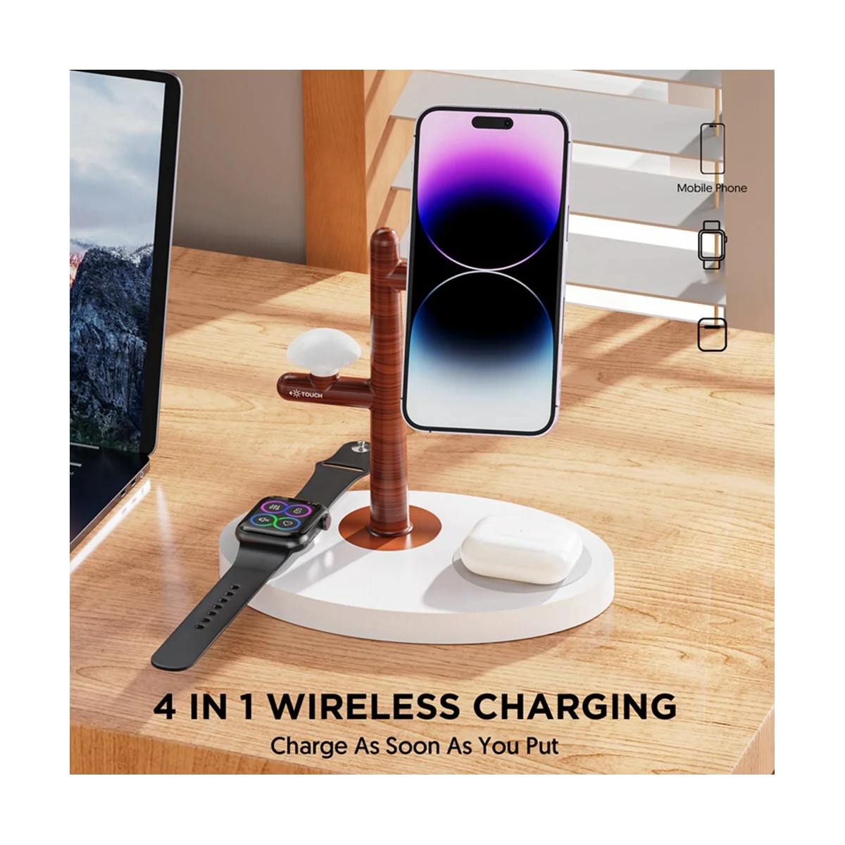 เครื่องชาร์จไร้สาย 3 in 1 Magnetic Wireless Charger ขาตั้งไฟ LED แท่นชาร์จอย่างรวดเร็วสําหรับ S8 สําหรับ - สีดํา